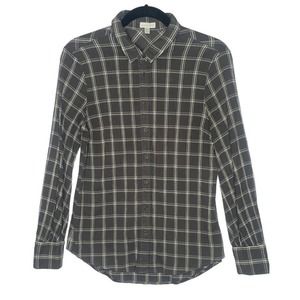 Garnet Hill Organic Cotton Shirt Gauze Button Down Plaid Gray Women 8 Top Collar